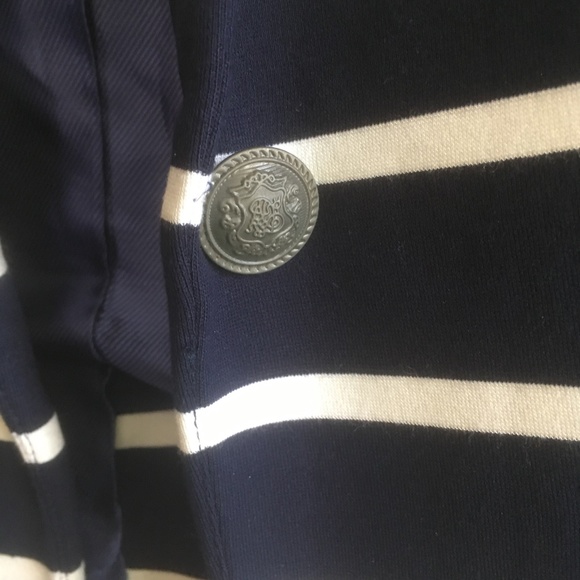 2 for 25💥  Bedo Striped Navy Blue / White Blazer w Faux Leather sz XS *Flawed - Picture 2 of 5